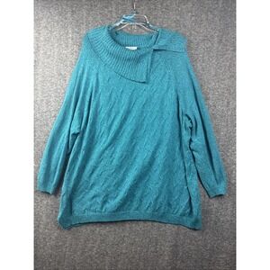 Catherines Sweater 3X 26/28 Teal Blue Marled Cowl Neck 100% Cotton Plus Knit